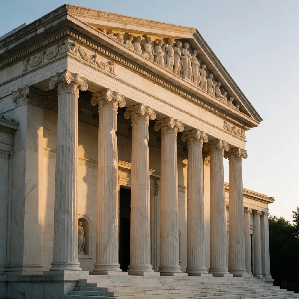 Museum facade with classical columns photographed at dusk