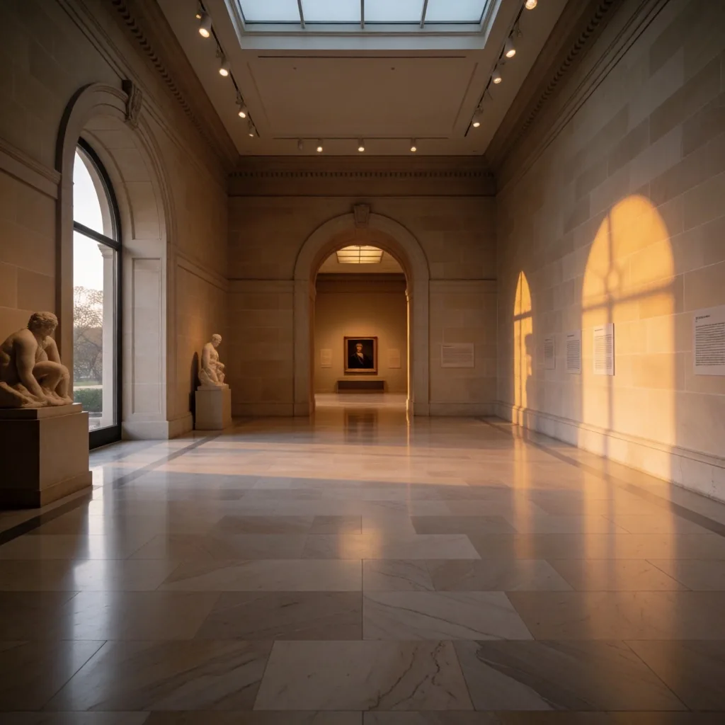 Empty museum gallery hall with marble floors and arched doorways