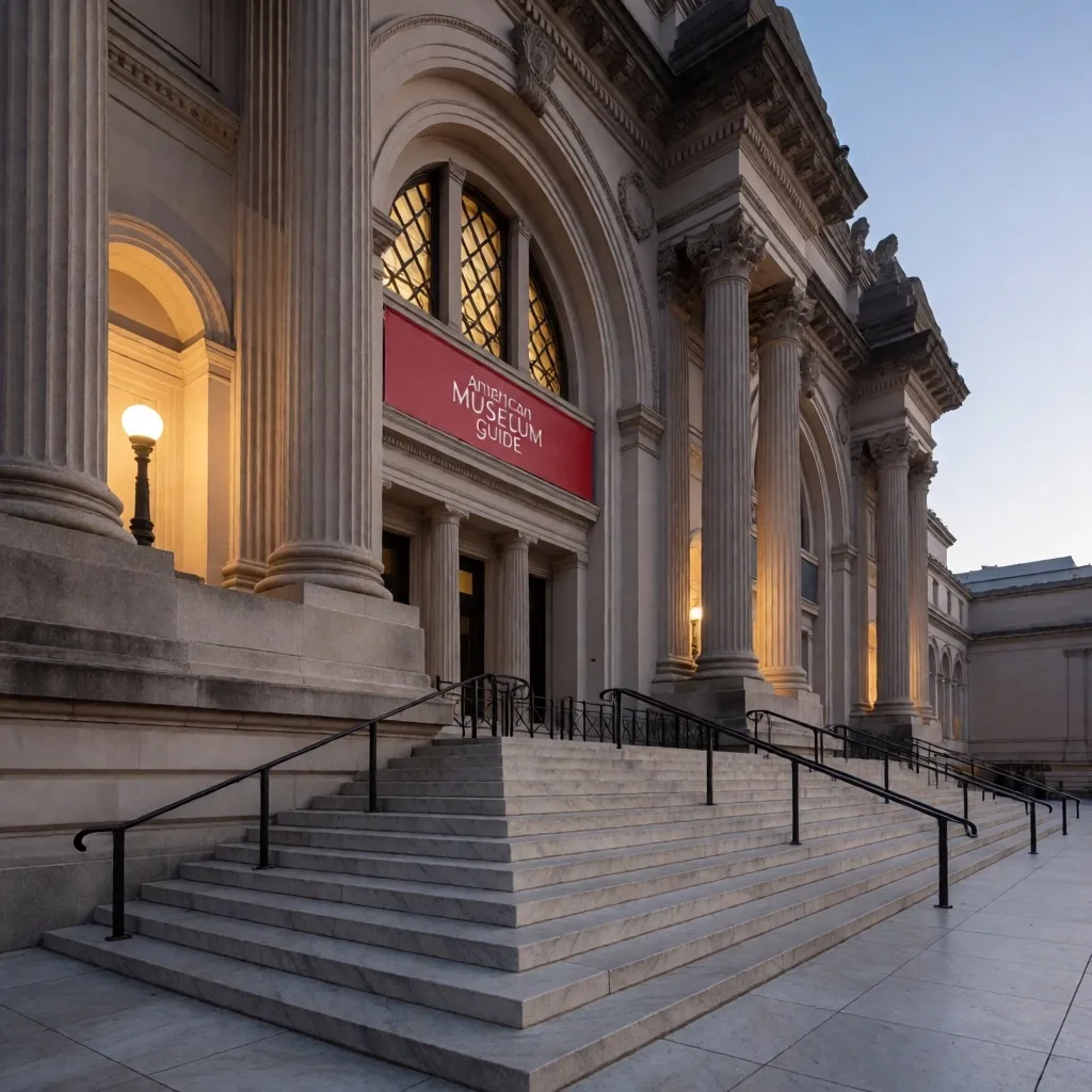 Museum facade at dusk with stone columns and marble steps