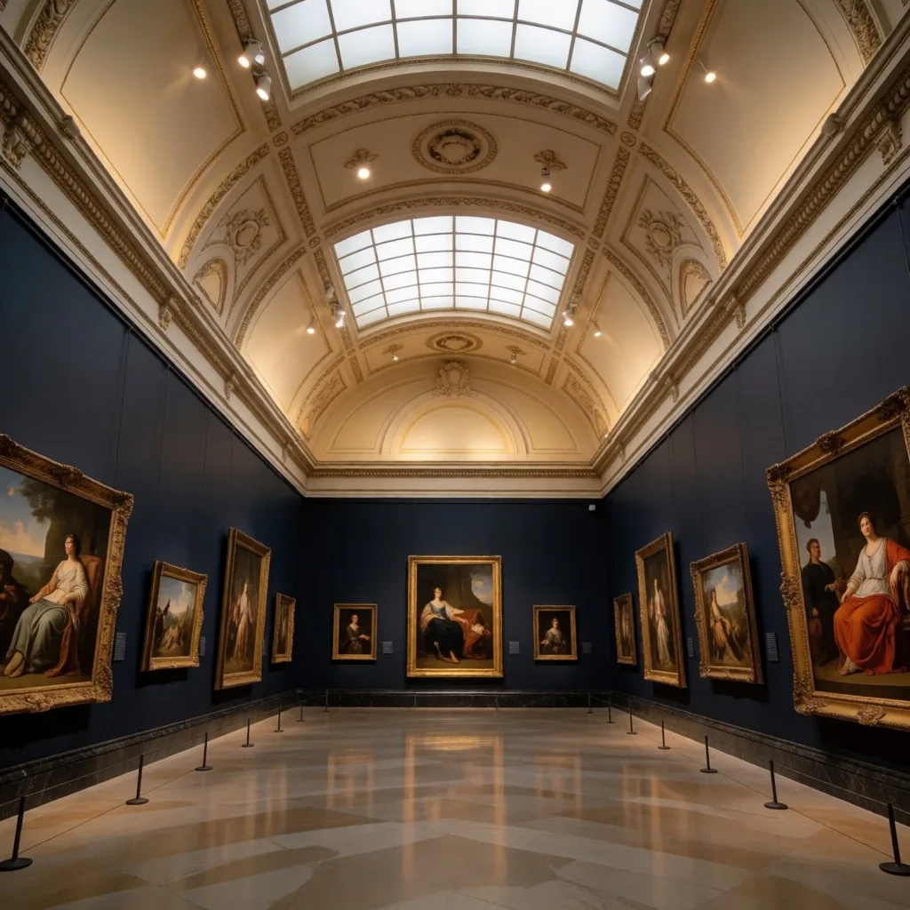 Interior of a museum gallery with paintings on the walls