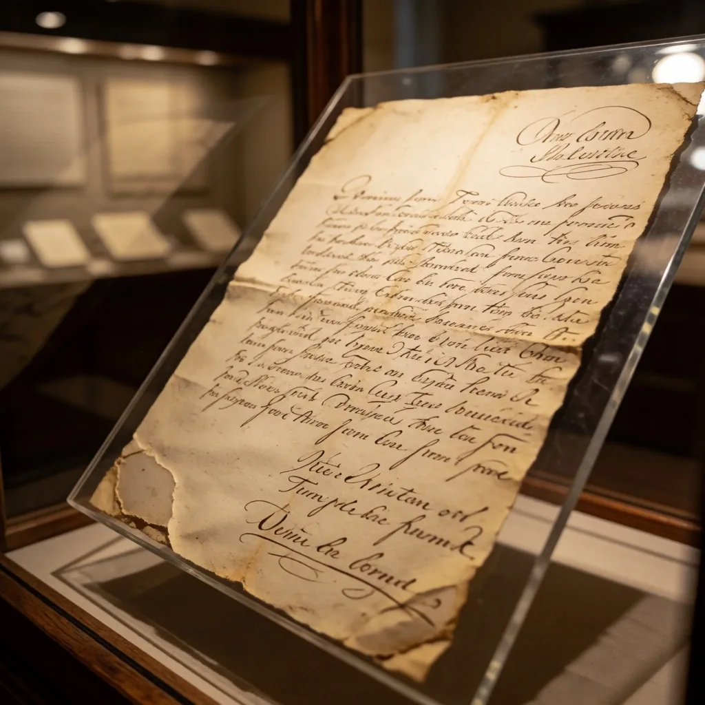 Archival documents displayed under glass in a history museum