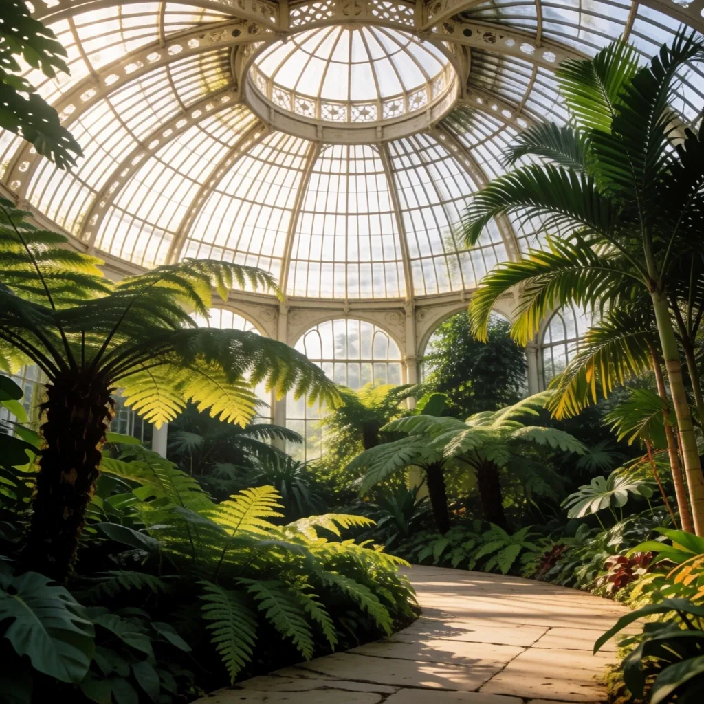 Botanical garden conservatory interior with tropical plants