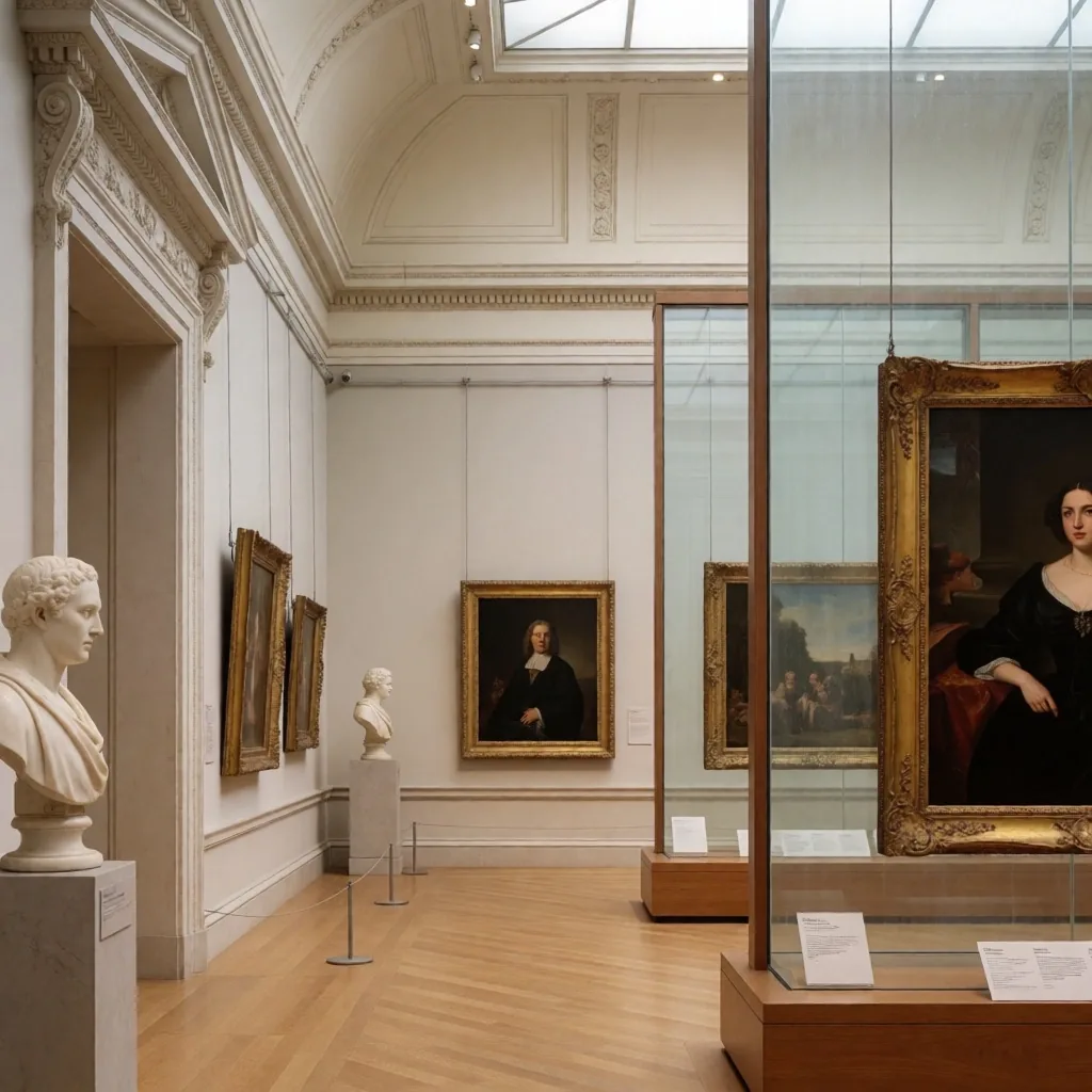 Empty fine art museum gallery hall with paintings and sculpture
