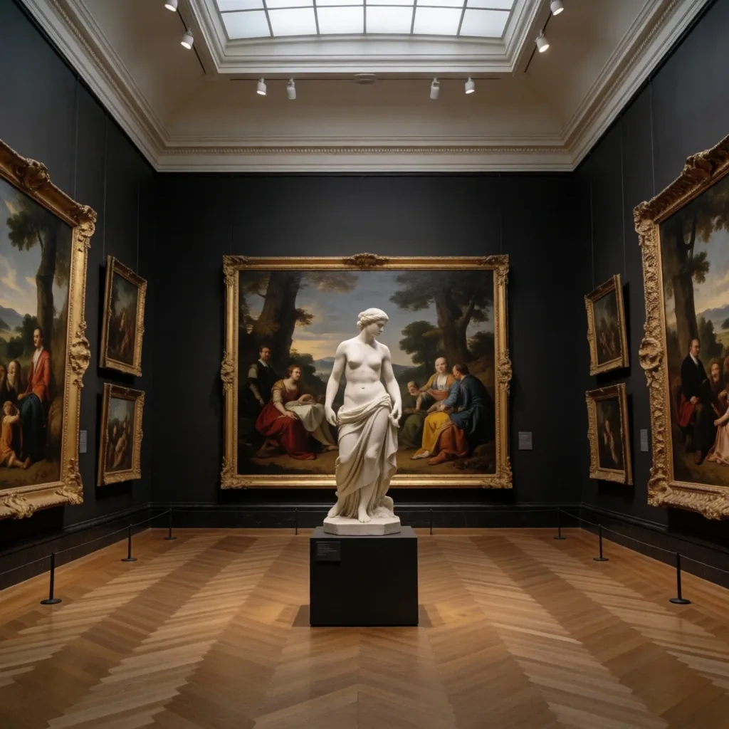 Museum gallery interior with paintings and sculpture