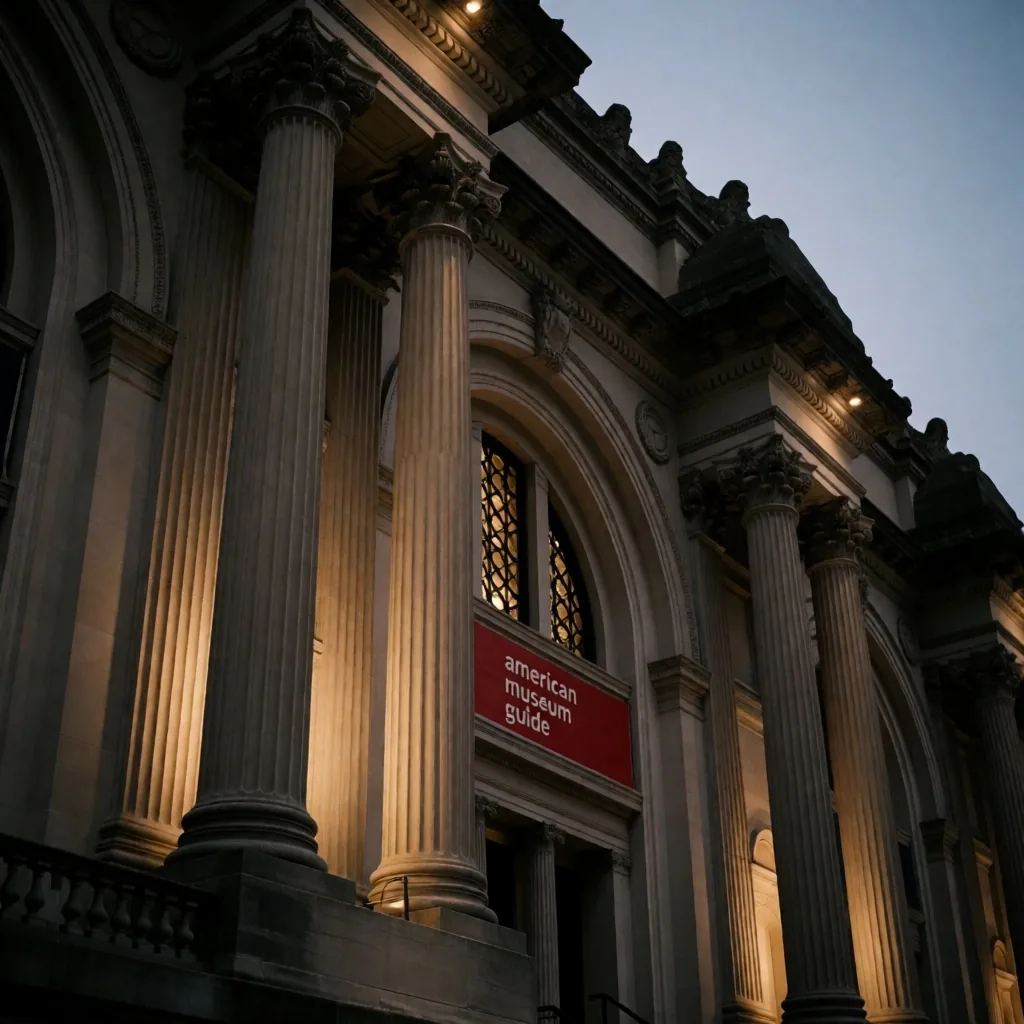 Museum facade with stone columns at dusk