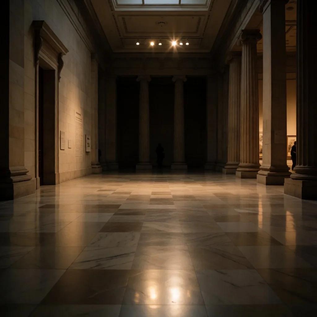 Empty museum gallery hall with marble floors and stone columns