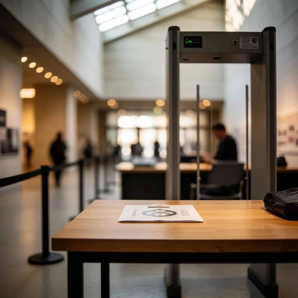 Museum security entrance with bag screening station