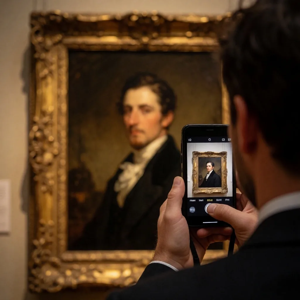 Visitor photographing a painting in a museum gallery