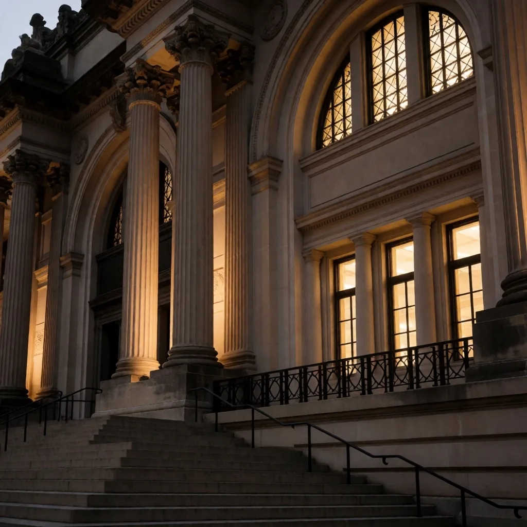 Classical American museum facade photographed from a low angle at dusk