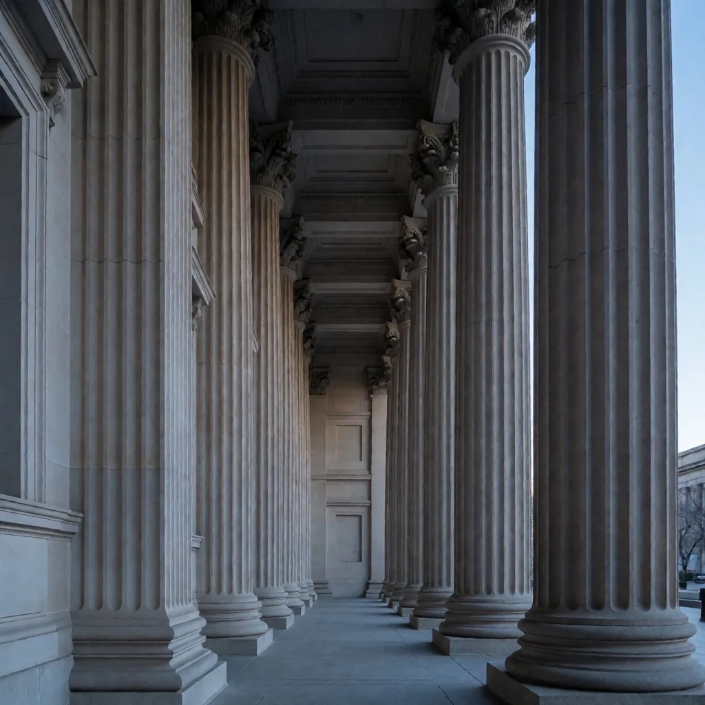 Stone columns and pediment of a classical American museum facade at dusk